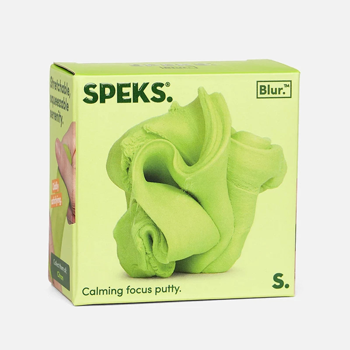 Light-green box for Speks Blur calming focus putty displaying a swirled putty graphic on the front.