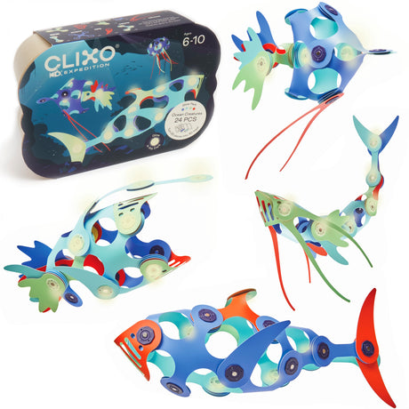 Clixo Ocean Creatures magnetic building set box with four assembled colorful 3D sea creature toy figures.