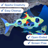 Colorful magnetic fish toy model floating with text callouts: Sparks Creativity, Easy Cleanup, Open-Ended, Screen-Free.