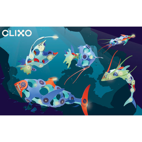 Five colorful sea creatures built with magnetic Clixo toy pieces floating in a blue underwater scene.