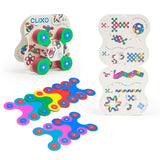 Clixo Tiny & Mighty 9-piece colorful magnetic building set with pack, flat pieces, and instruction guide.