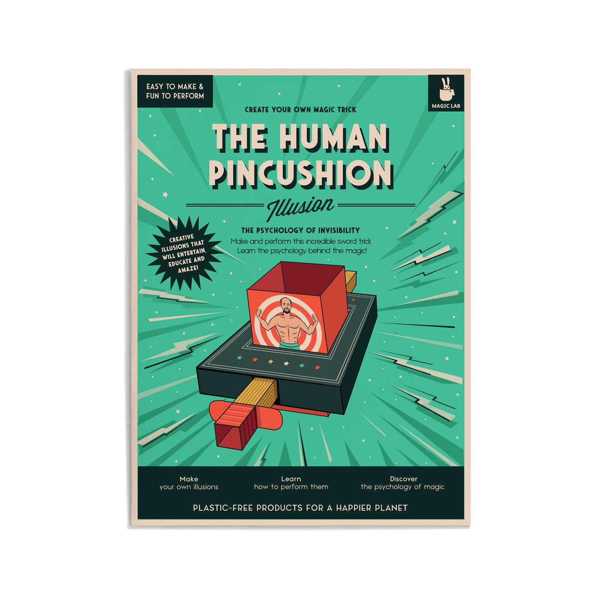 Illustrated poster titled "The Human Pincushion Illusion" featuring a man in a red box with swords piercing through. Starburst background, text on magic psychology, and tips on creating illusions. Tone is educational and entertaining.