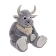 Plush grey mythical creature toy sitting down, featuring curved horns, a light grey beard, and large paws.