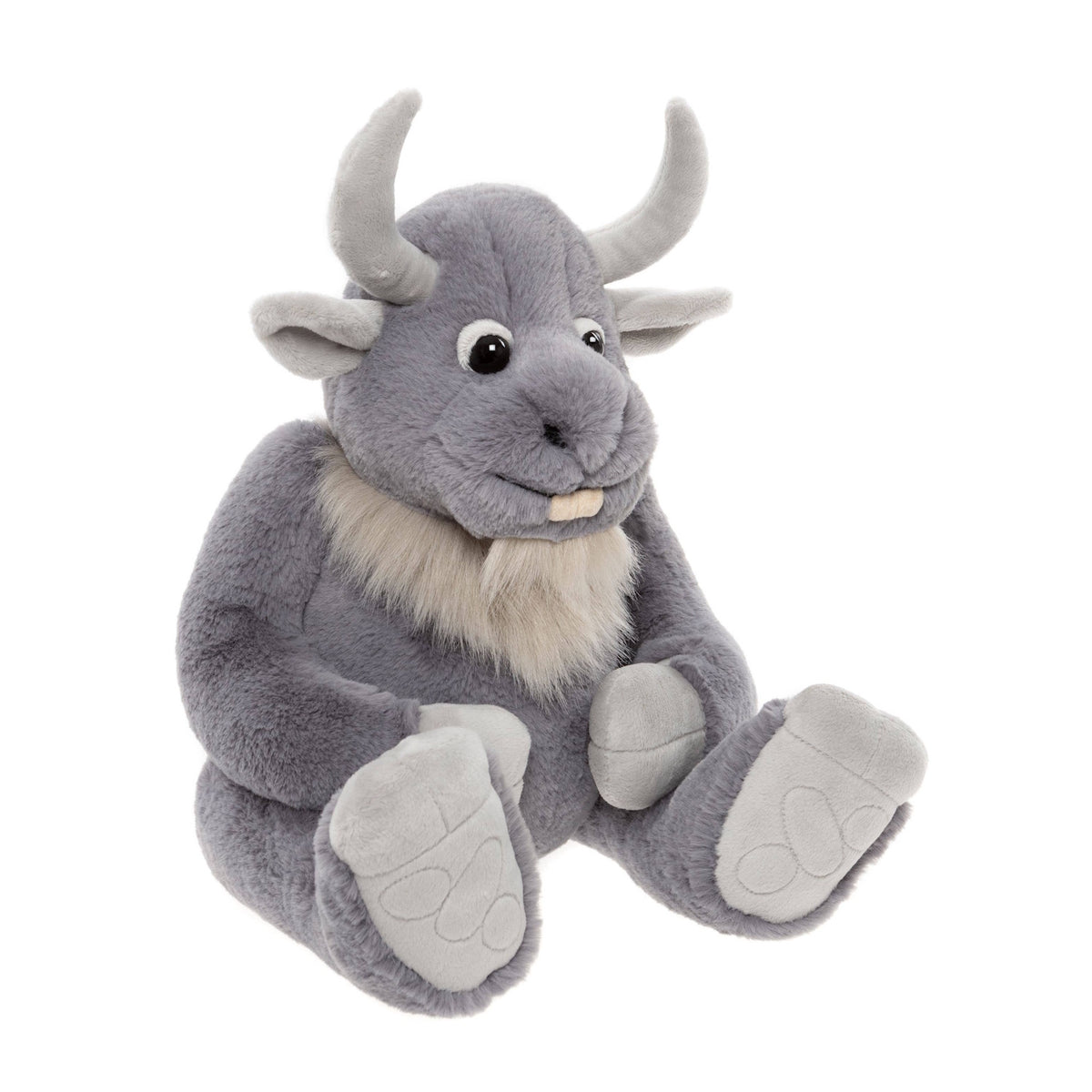 Plush grey mythical creature toy sitting down, featuring curved horns, a light grey beard, and large paws.