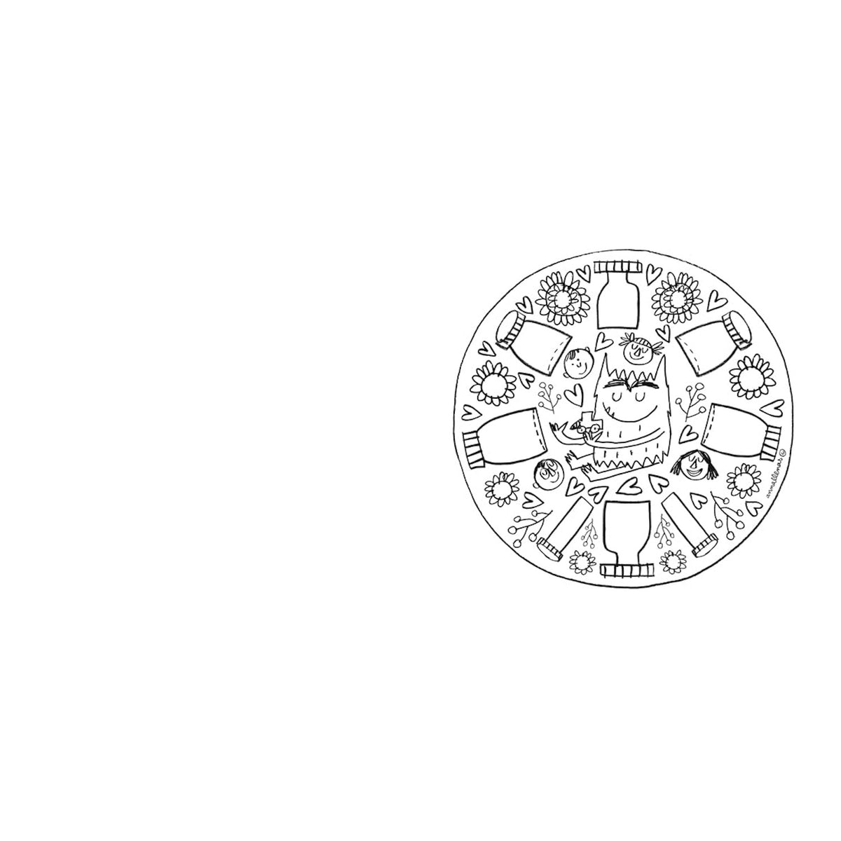 Black and white line art mandala featuring The Color Monster, glass jars, hearts, and flowers for a mindfulness coloring book.