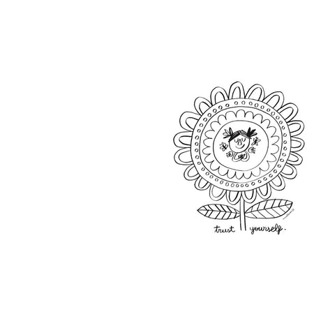 "Trust Yourself" line art illustration of a cheerful person as the center of a large, decorative sunflower.