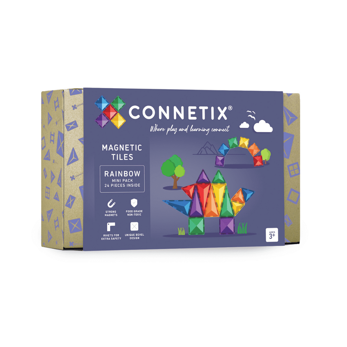 Box of Connetix Rainbow Magnetic Tiles, featuring colorful geometric shapes forming a dinosaur and arch. Text highlights safety and creativity, ages 3+.