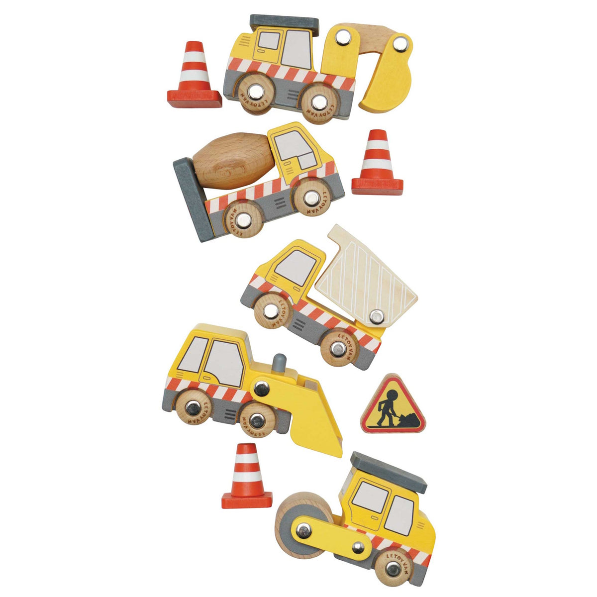Vertical arrangement of yellow wooden toy construction trucks, cones, and a road sign.