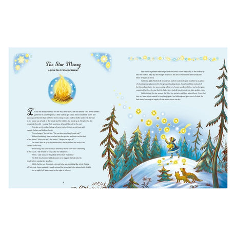 A young girl in winter clothes stands on a snowy hill surrounded by tall pine trees. Bright stars float around her. Two foxes watch nearby, creating a magical, serene scene. The text on the left narrates "The Star Money," a folk tale from Germany.