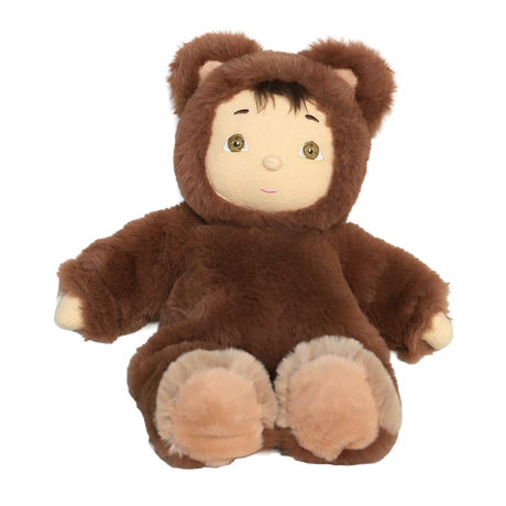 Olli Ella Cozy Day Dinkum Bobby Bear plush doll wearing a fuzzy brown teddy bear hooded outfit.