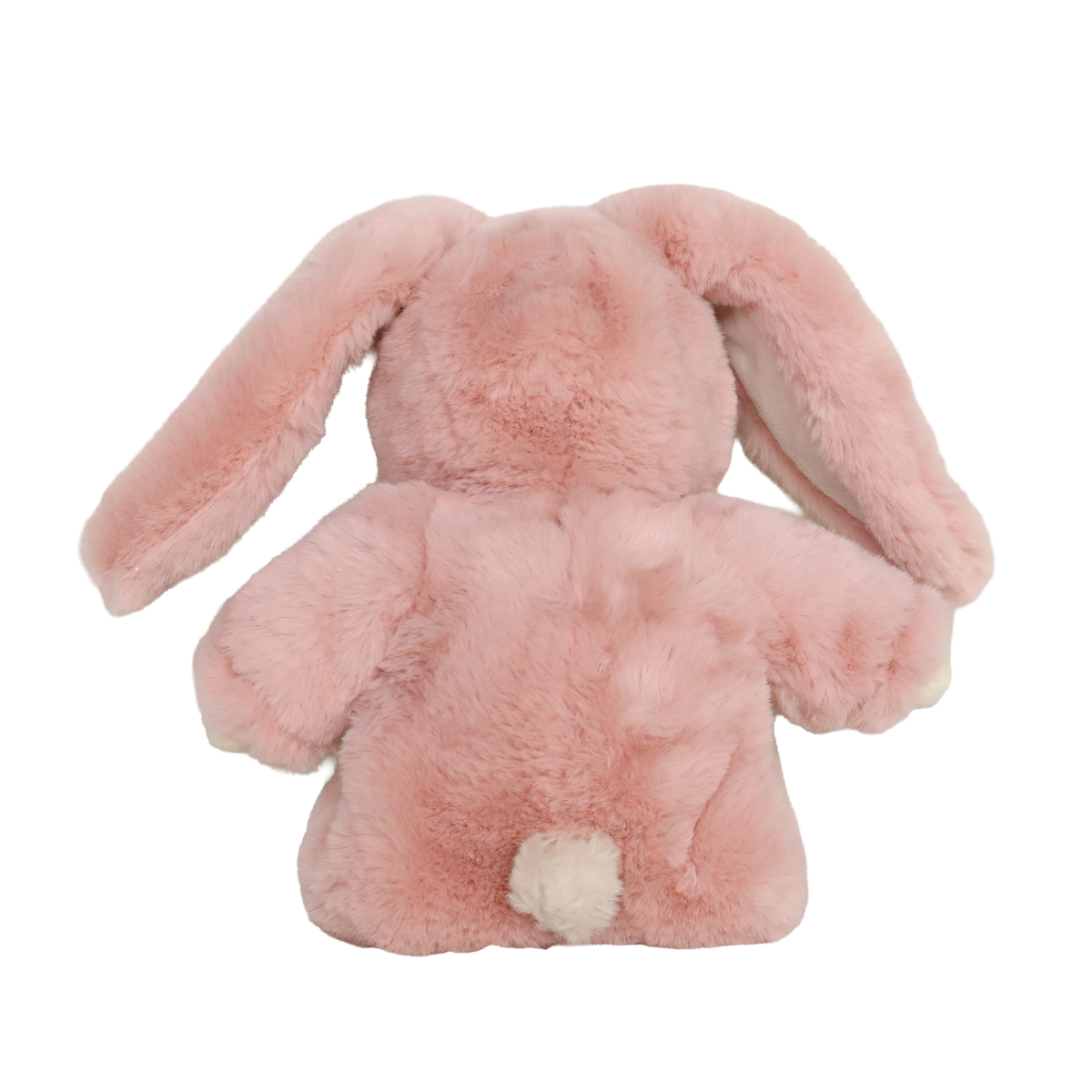 Back view of a pink Olli Ella Cozy Dinkum bunny plush doll with a fluffy tail, white background.
