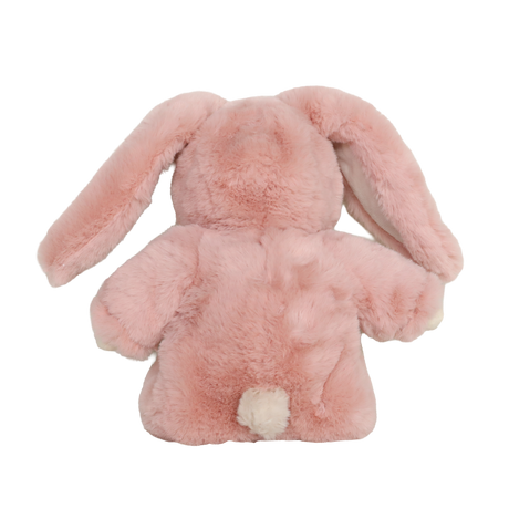 Back view of a pink Olli Ella Cozy Dinkum bunny plush doll with a fluffy tail, white background.