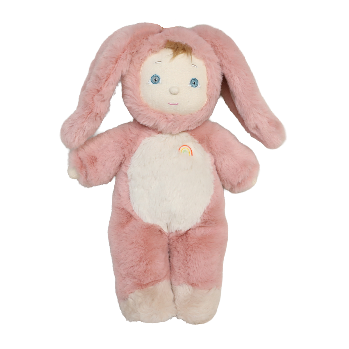 Cozy Dinkum doll Bunny Pinkie wearing a plush pink rabbit outfit with floppy ears against a white background.