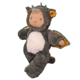 Olli Ella Cozy Dinkum Flint doll wearing a plush grey dragon costume with wings.