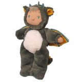 Side view of standing Cozy Day Dinkum Flint doll in a green plush dragon outfit with wings.