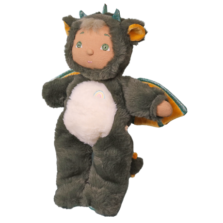 Side view of standing Cozy Day Dinkum Flint doll in a green plush dragon outfit with wings.