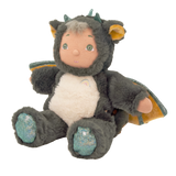 Plush Cozy Dinkum Doll Flint wearing a fuzzy grey dragon costume with sparkly wings on a white background.