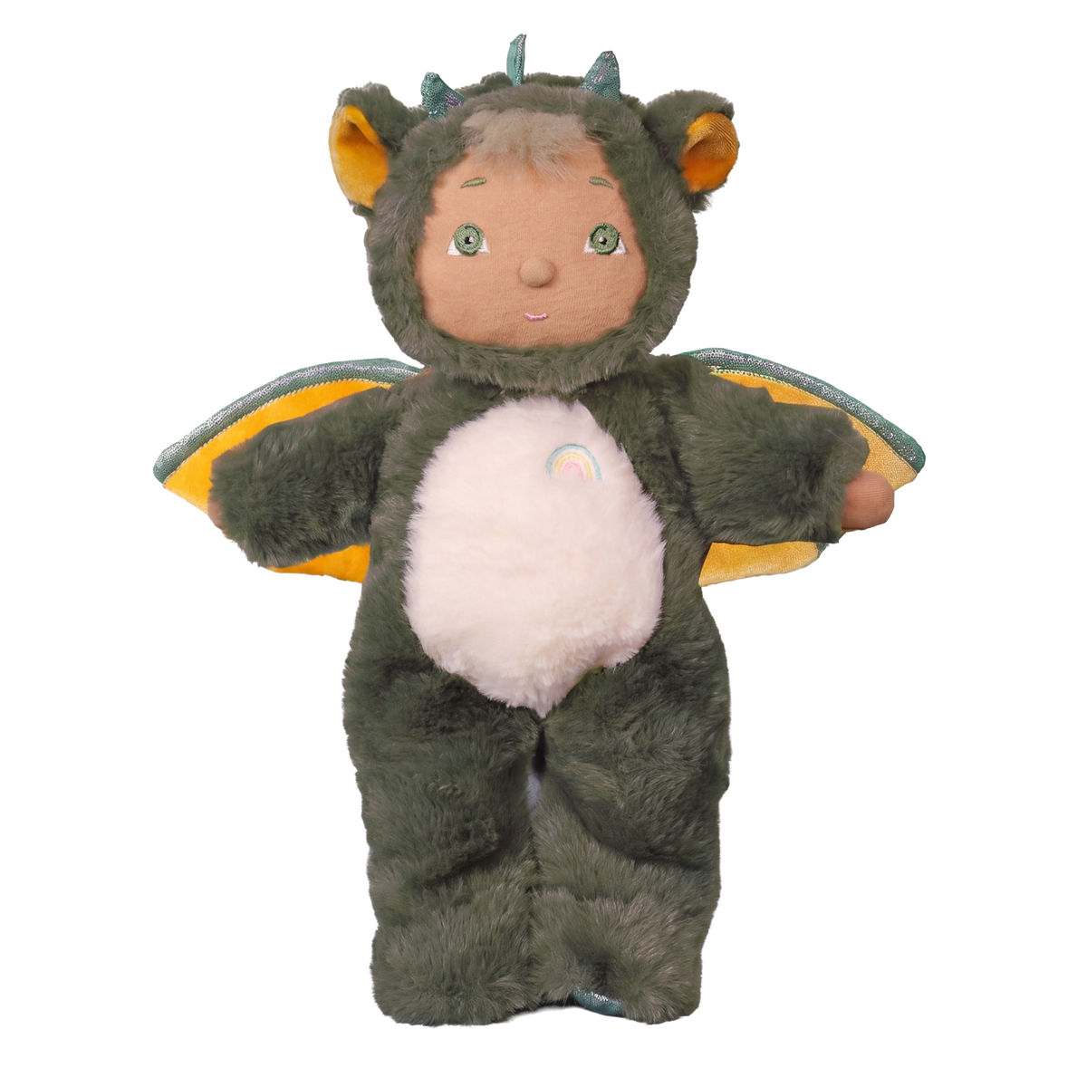 Plush standing Dinkum Doll wearing a fuzzy green dragon suit with yellow wings and a white belly.