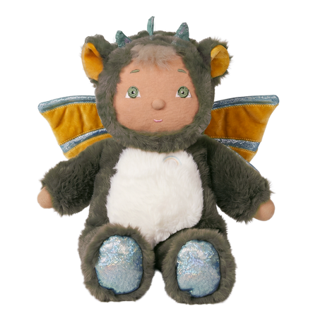 Dinkum Doll Cozy Day Flint plush toy in a green dragon costume with wings and shimmery feet.