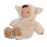 Olli Ella Cozy Dinkum Doll Lamby Tig plush baby doll wearing a fuzzy lamb suit, sitting.