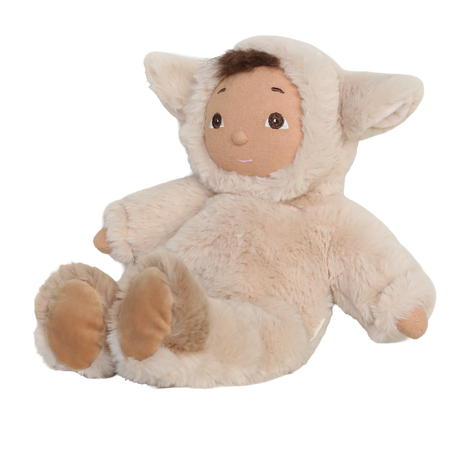 Olli Ella Cozy Dinkum Doll Lamby Tig plush baby doll wearing a fuzzy lamb suit, sitting.