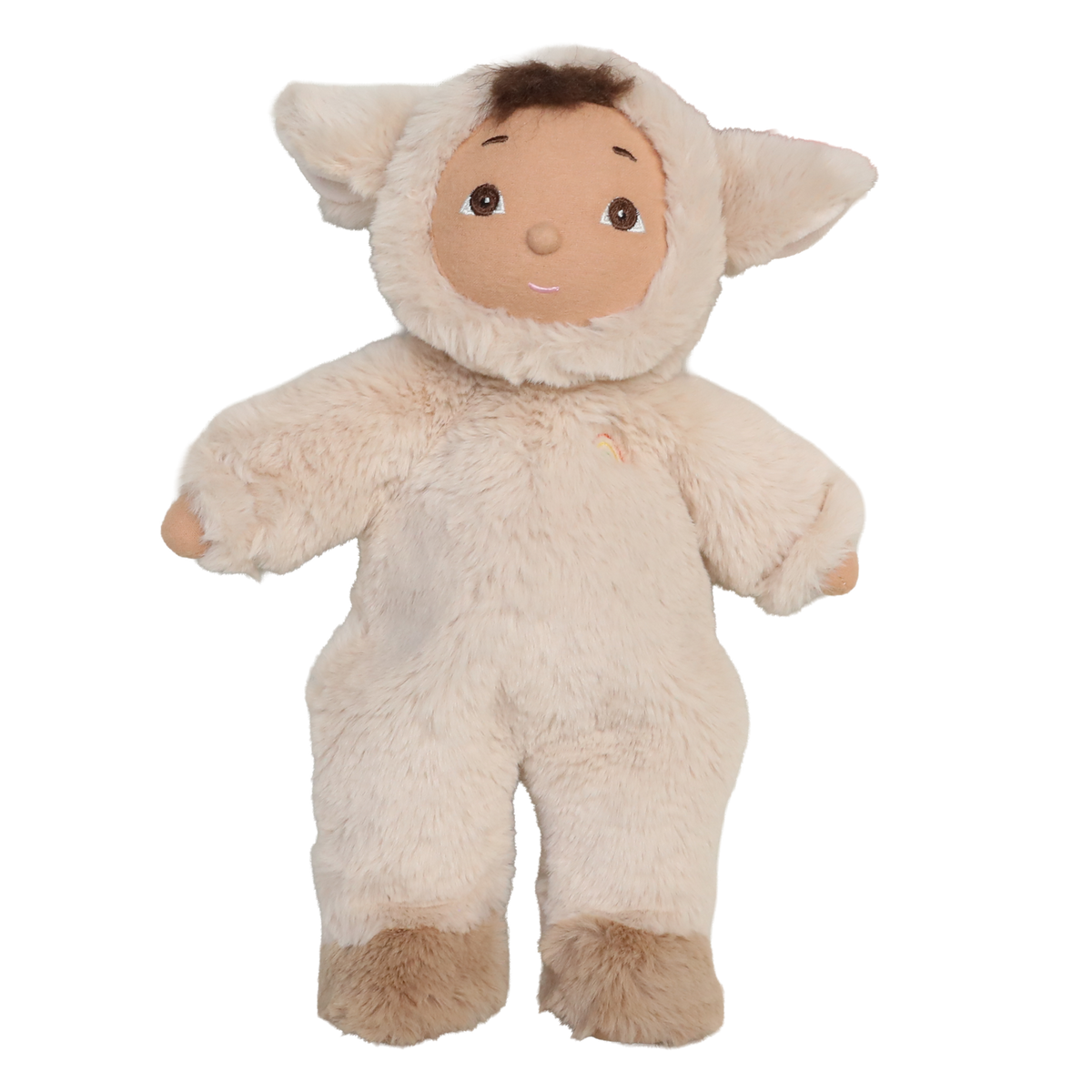 Olli Ella Cozy Dinkum Doll Lamby Tig in a fluffy cream lamb onesie on a white background.