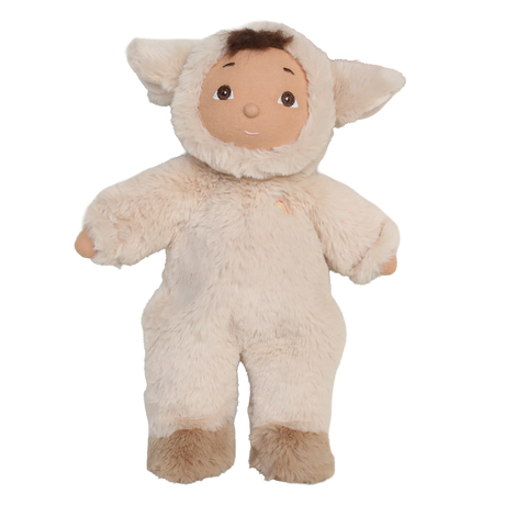 Olli Ella Cozy Dinkum Doll Lamby Tig in a fluffy cream lamb onesie on a white background.