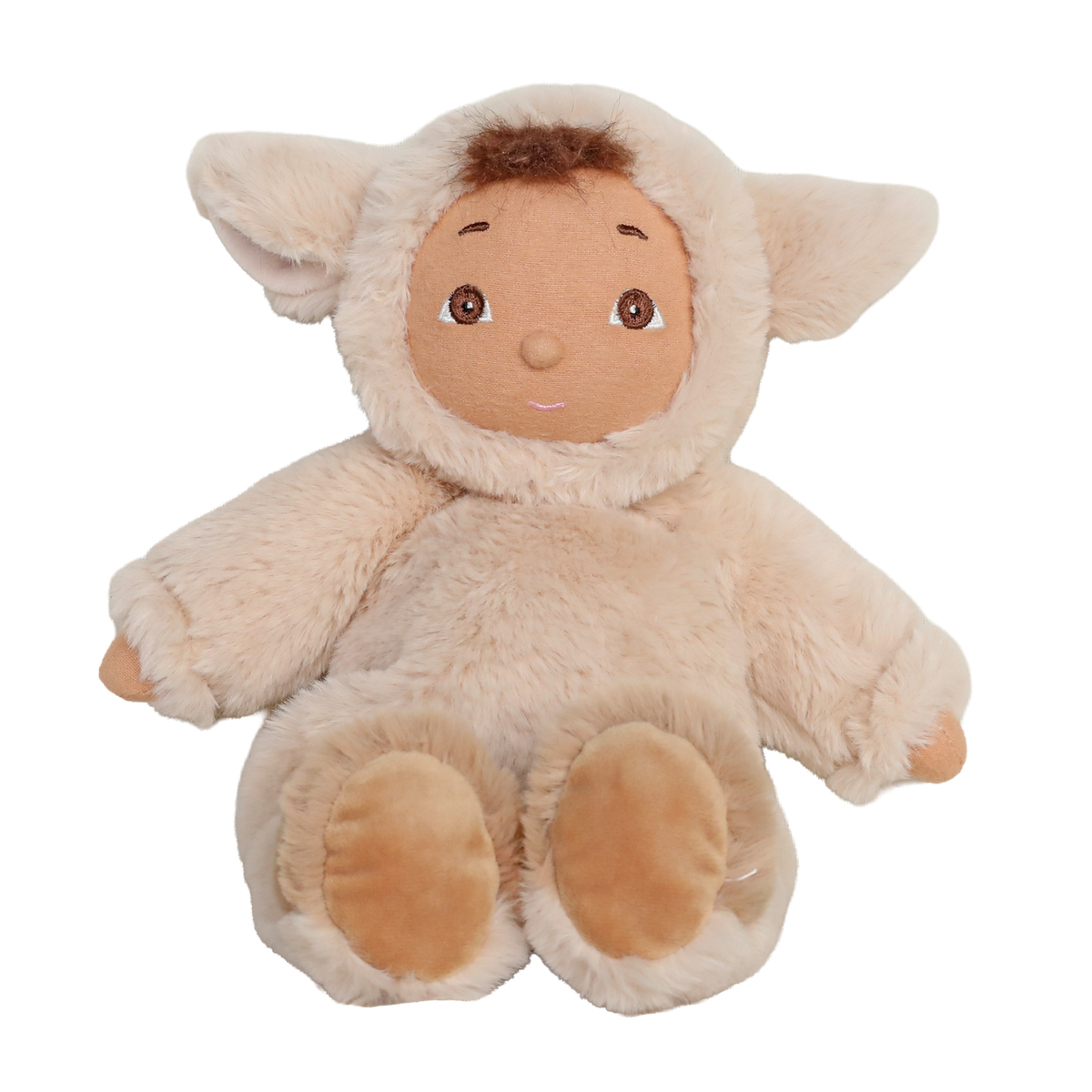 Olli Ella Cozy Dinkum Doll Lamby Tig wearing a fuzzy beige lamb plush outfit with floppy ears.