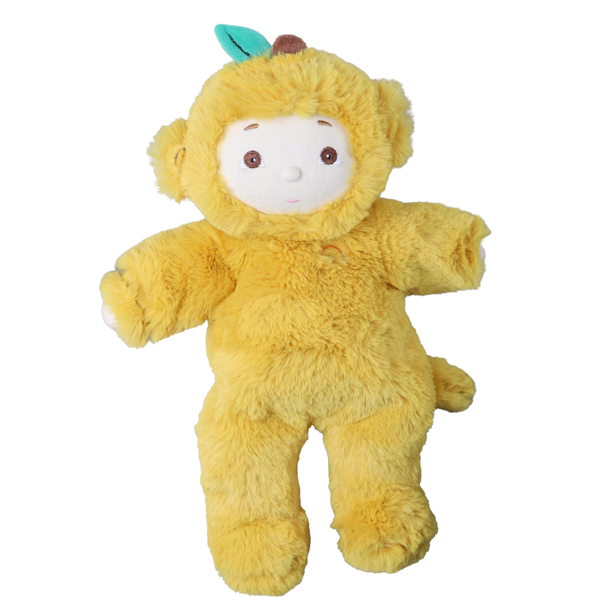 Front view of Olli Ella Cozy Dinkum Mango Monkey yellow plush doll against a white background.