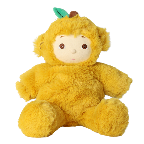 Olli Ella Cozy Dinkum Doll Mango Monkey in a yellow plush suit with a green leaf.