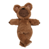 Cozy Dinkum Teddy Mini Caramel plush doll wearing a fluffy brown bear onesie.
