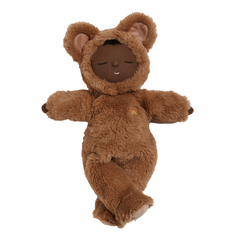 Cozy Dinkum Teddy Mini Caramel plush doll wearing a fluffy brown bear onesie.