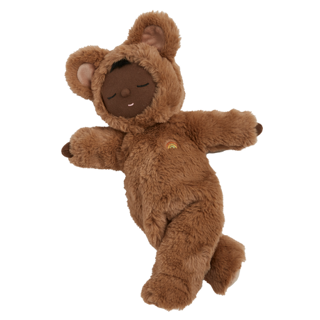 Cozy Dinkum Teddy Mini Caramel plush doll in a fluffy brown bear outfit.