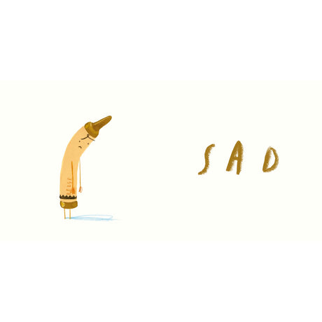 A beige crayon with a slumped posture and sad expression standing over a blue puddle next to the word "SAD" in gold text.