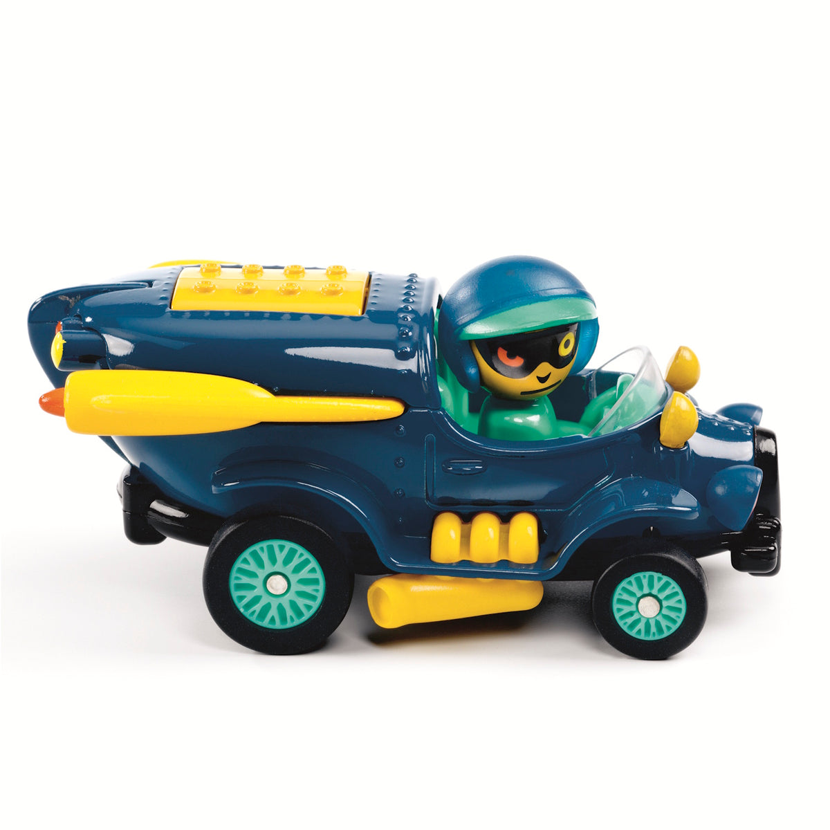 A colorful toy car with a blue body, yellow accents, and green wheels, featuring a futuristic design with an open cockpit.