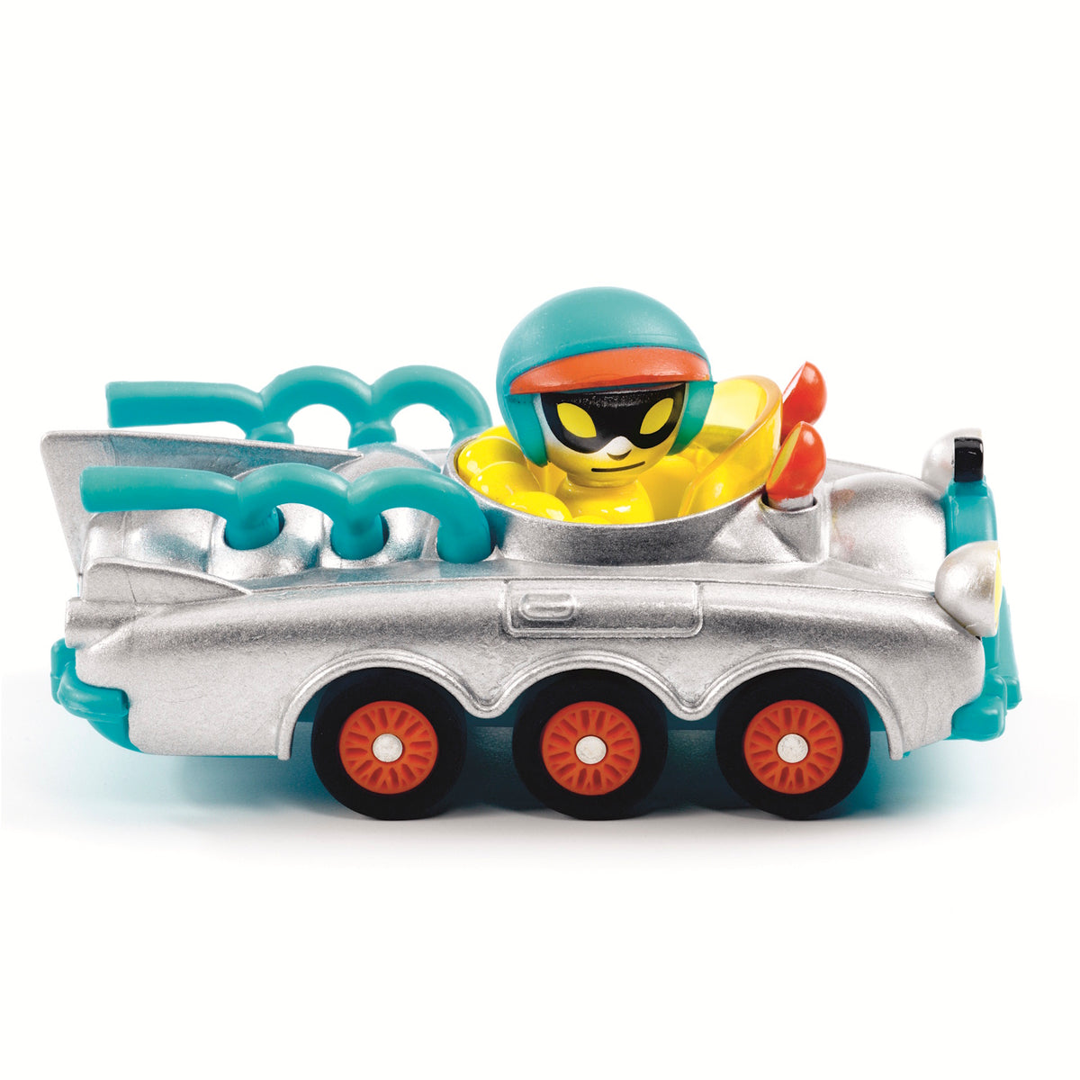 A colorful toy car with a smiling driver in a helmet, featuring silver body, orange wheels, and exaggerated exhaust pipes in a white background.