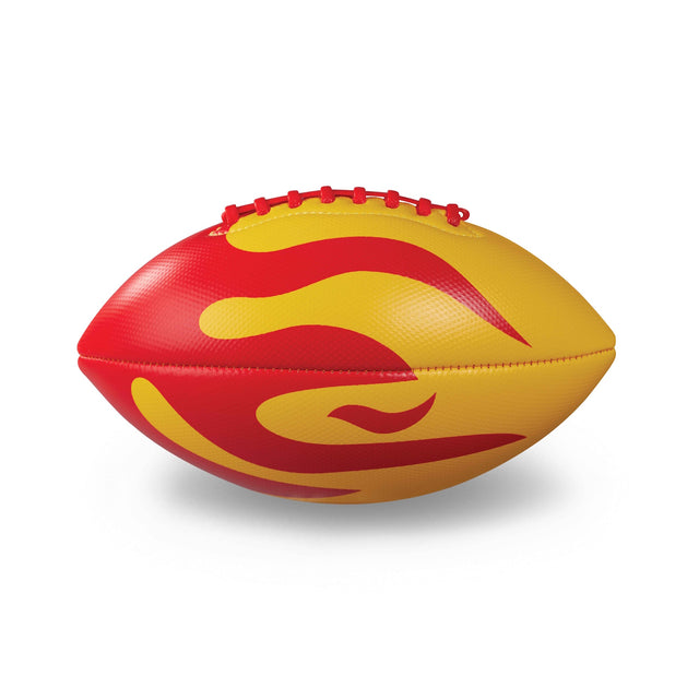 A vibrant football features a dynamic red and yellow flame pattern. The red laces add contrast, creating an energetic and playful tone.