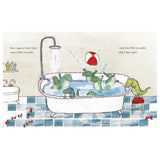 Illustration of crocodiles playing in a bathtub from "The Crocodile Who Didn't Like Water" children's book.