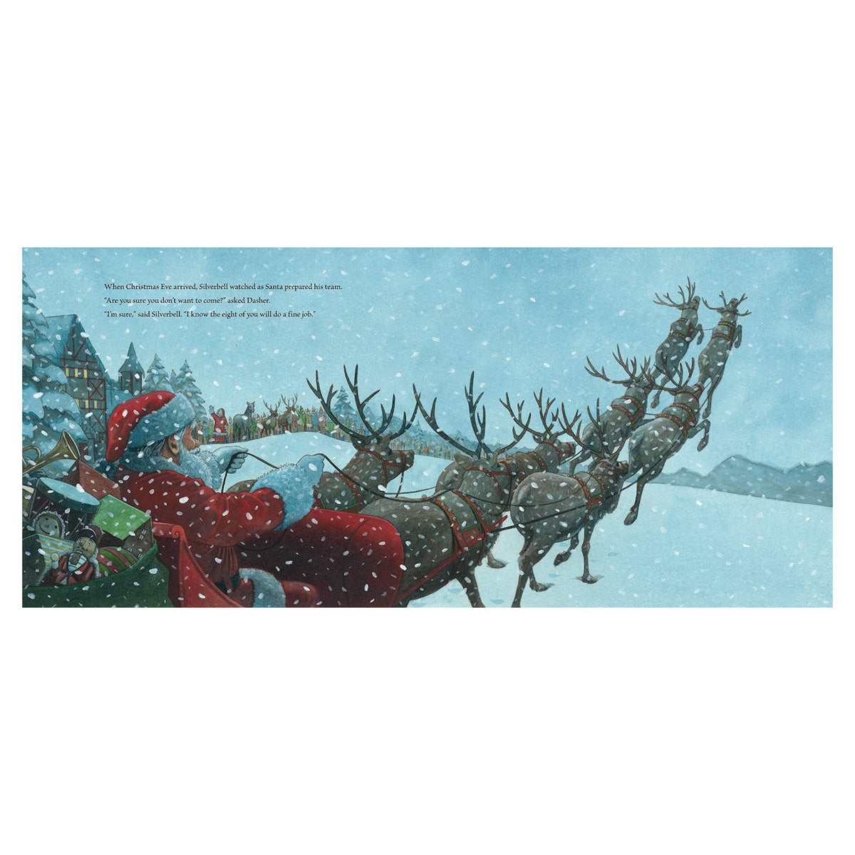 Santa in a sleigh with reindeer flying over a snowy landscape. He wears a red suit and hat, and it's snowing, creating a festive, wintry scene.
