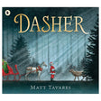 Cover of the book "Dasher" by Matt Tavares. A snowy forest scene with Santa, a red sleigh, a white horse, and a reindeer under tall, dark trees. Calm and magical.