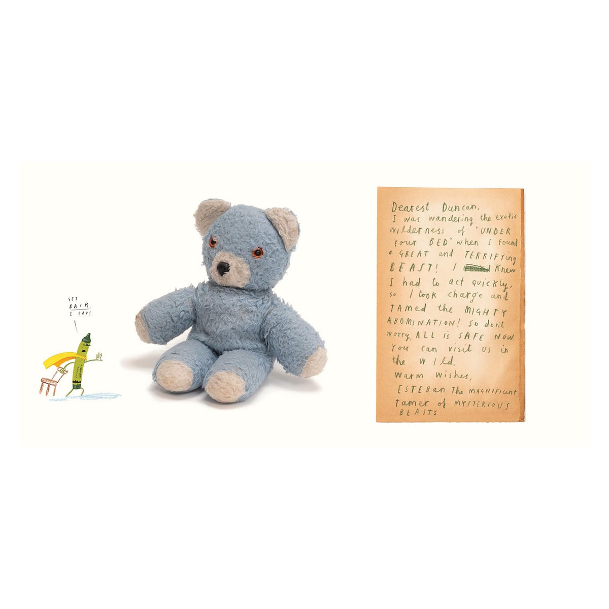 Children's book page showing a green crayon taming a blue plush teddy bear next to a handwritten note.