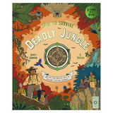 Book cover titled "Spin to Survive: Deadly Jungle" featuring explorers, wild animals, and a central compass spinner.
