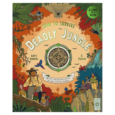 Book cover titled "Spin to Survive: Deadly Jungle" featuring explorers, wild animals, and a central compass spinner.