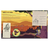 Illustrated book page showing an explorer perched on a tree branch, overlooking a jungle and ancient ruins.