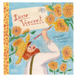 Dear Vincent book cover featuring an illustration of Vincent van Gogh painting sunflowers under a blue sky.
