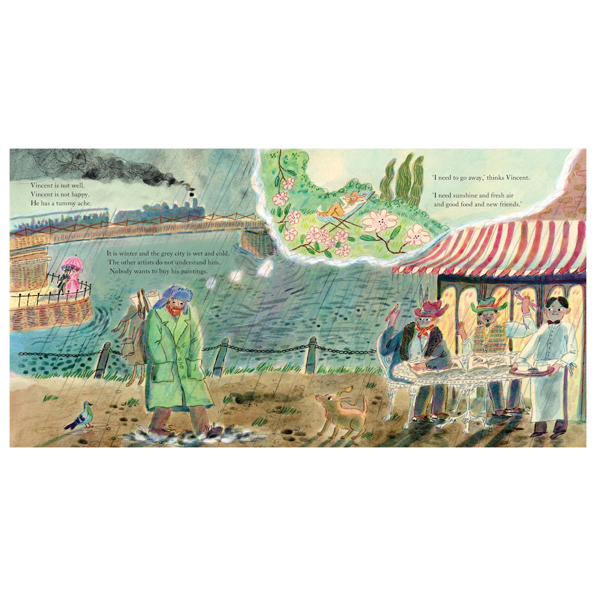 Children's book illustration of Vincent van Gogh walking in the rainy city, dreaming of sunshine and flowers.