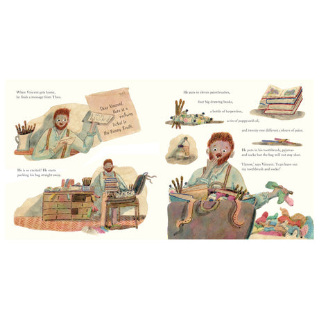 Vincent van Gogh children's book illustration showing Vincent packing art supplies and a railway ticket to Arles.