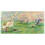 Illustration of Vincent van Gogh painting pink blossoming trees in a sunlit orchard with a cat nearby in a meadow.