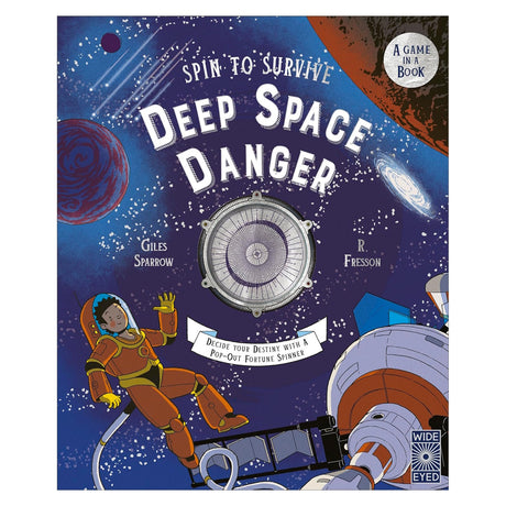 Book cover for 'Spin to Survive: Deep Space Danger' showing an astronaut floating near a spacecraft in outer space.