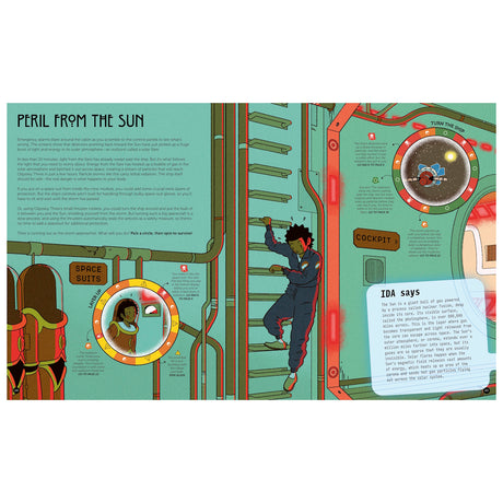 An astronaut climbs a ladder inside a green spaceship near interactive choice dials and sci-fi text panels.
